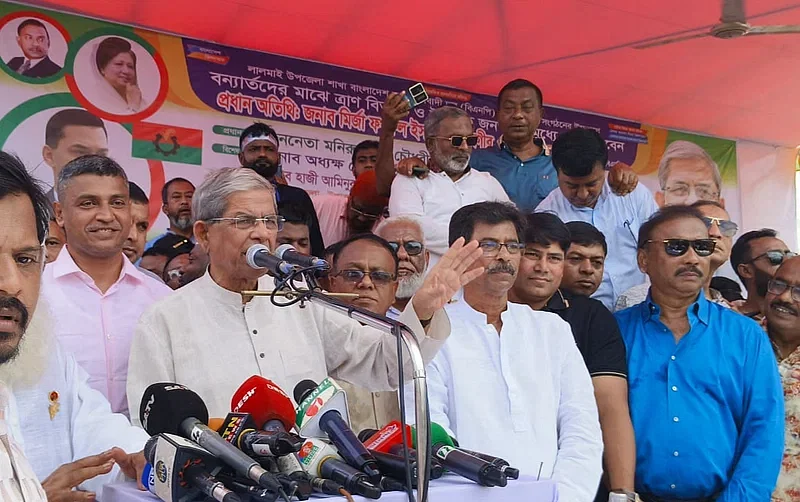 BNP secretary general Mirza Fahrul Islam Alamgir  speaks at a gathering before distributing relief among flood affected people at Chhoto Sharifpur area under Lalmai Upazila in Cumilla on 31 August 2024.